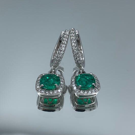 Emerald Drop Earrings with Diamond Halo in 14K White Gold - L and L Jewelry