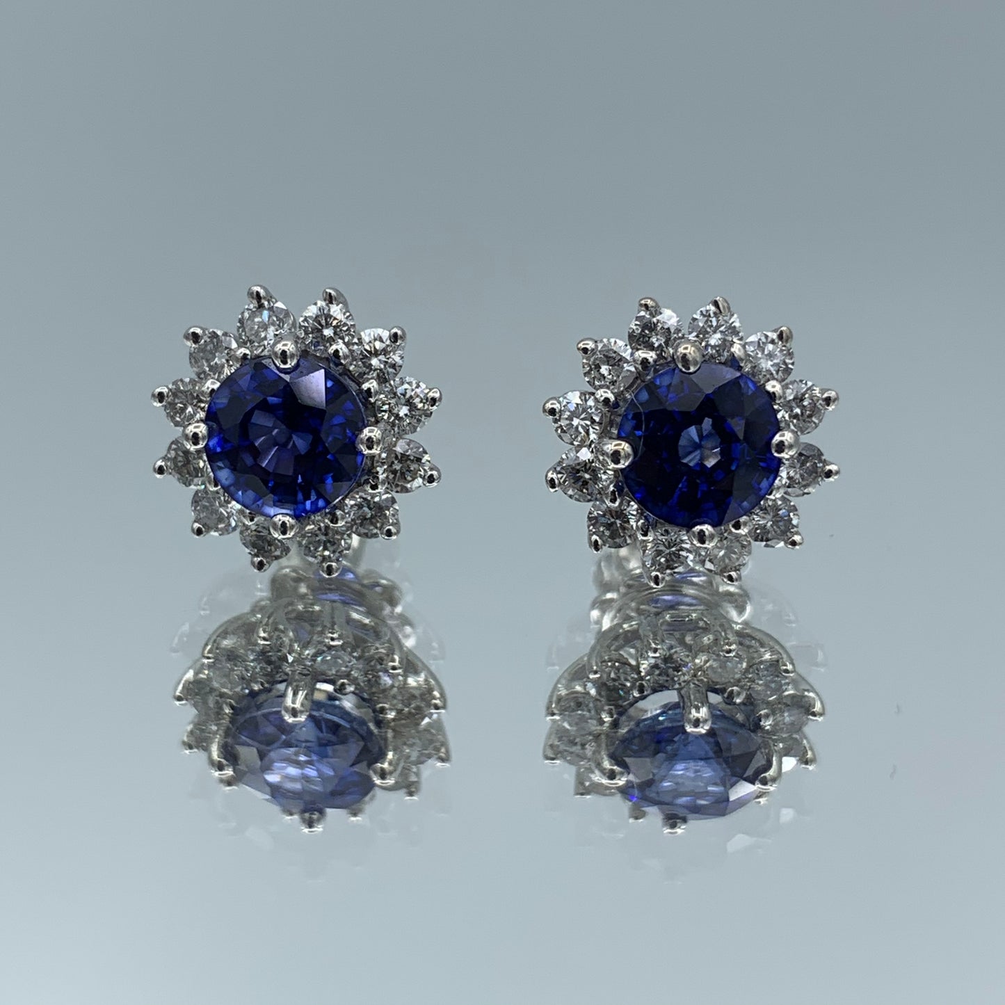 Round-Cut Blue Sapphire Stud Earrings with Diamond Halo in 14K White Gold - L and L Jewelry