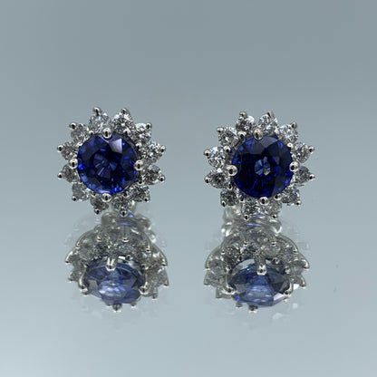 Round-Cut Blue Sapphire Stud Earrings with Diamond Halo in 14K White Gold - L and L Jewelry