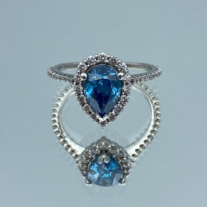 Pear-Shaped Blue Diamond Halo Ring in 14K White Gold - L and L Jewelry