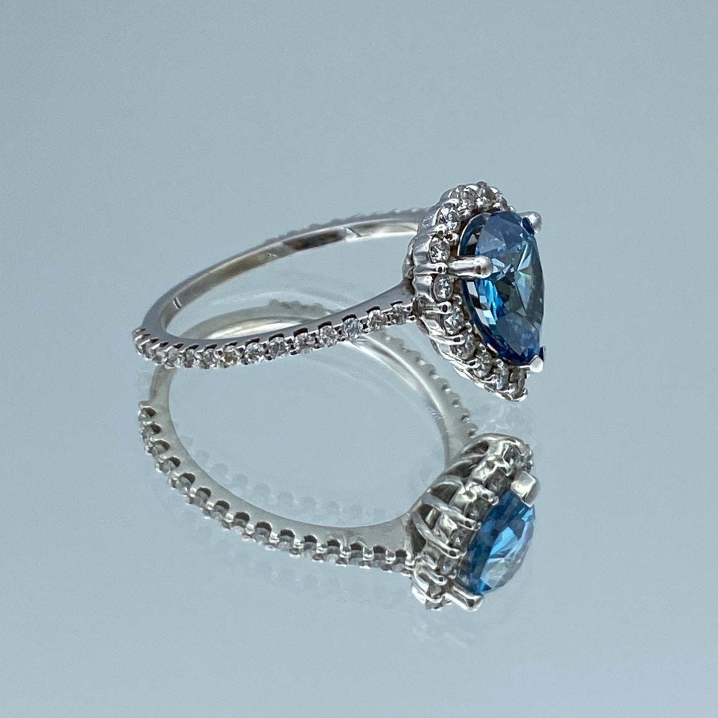 Pear-Shaped Blue Diamond Halo Ring in 14K White Gold - L and L Jewelry