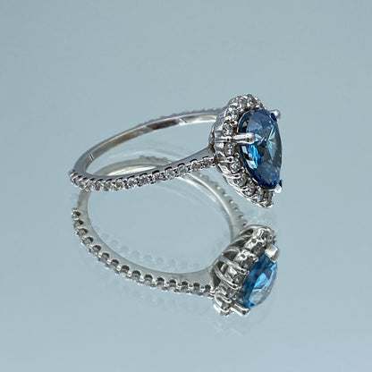 Pear-Shaped Blue Diamond Halo Ring in 14K White Gold - L and L Jewelry