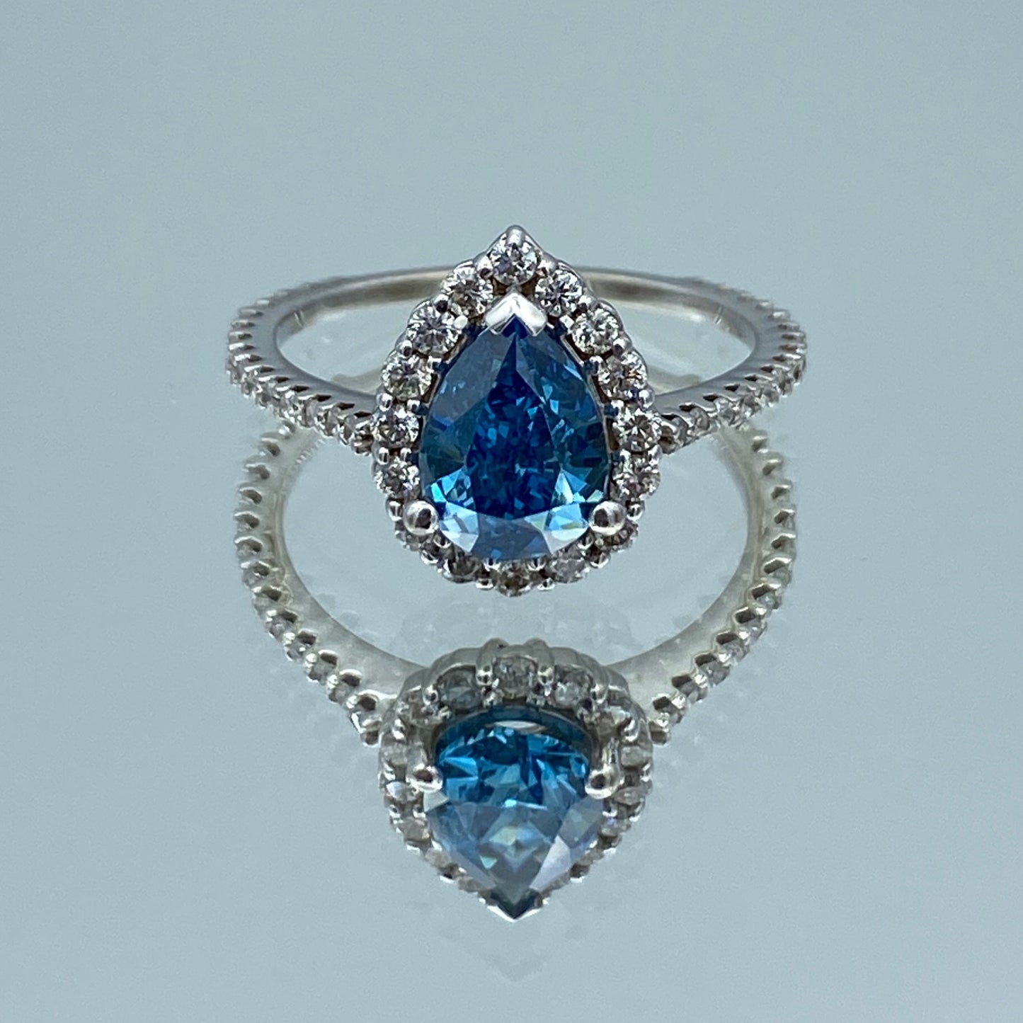 Pear-Shaped Blue Diamond Halo Ring in 14K White Gold - L and L Jewelry