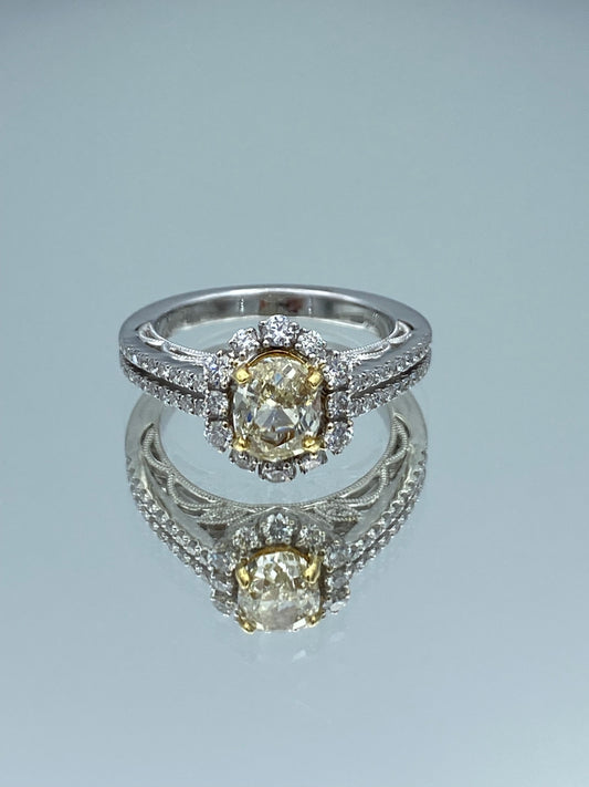 Vintage Look Halo Oval-Cut Yellow Diamond Ring in 18K White Gold - L and L Jewelry