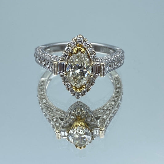 Marquise-Cut Yellow Diamond Halo Engagement Ring in 18K White Gold - L and L Jewelry