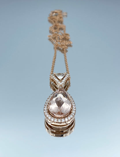 Morganite Teardrop Pendant with Diamond Halo in 14K Rose Gold - L and L Jewelry