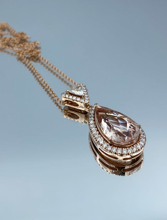 Morganite Teardrop Pendant with Diamond Halo in 14K Rose Gold - L and L Jewelry