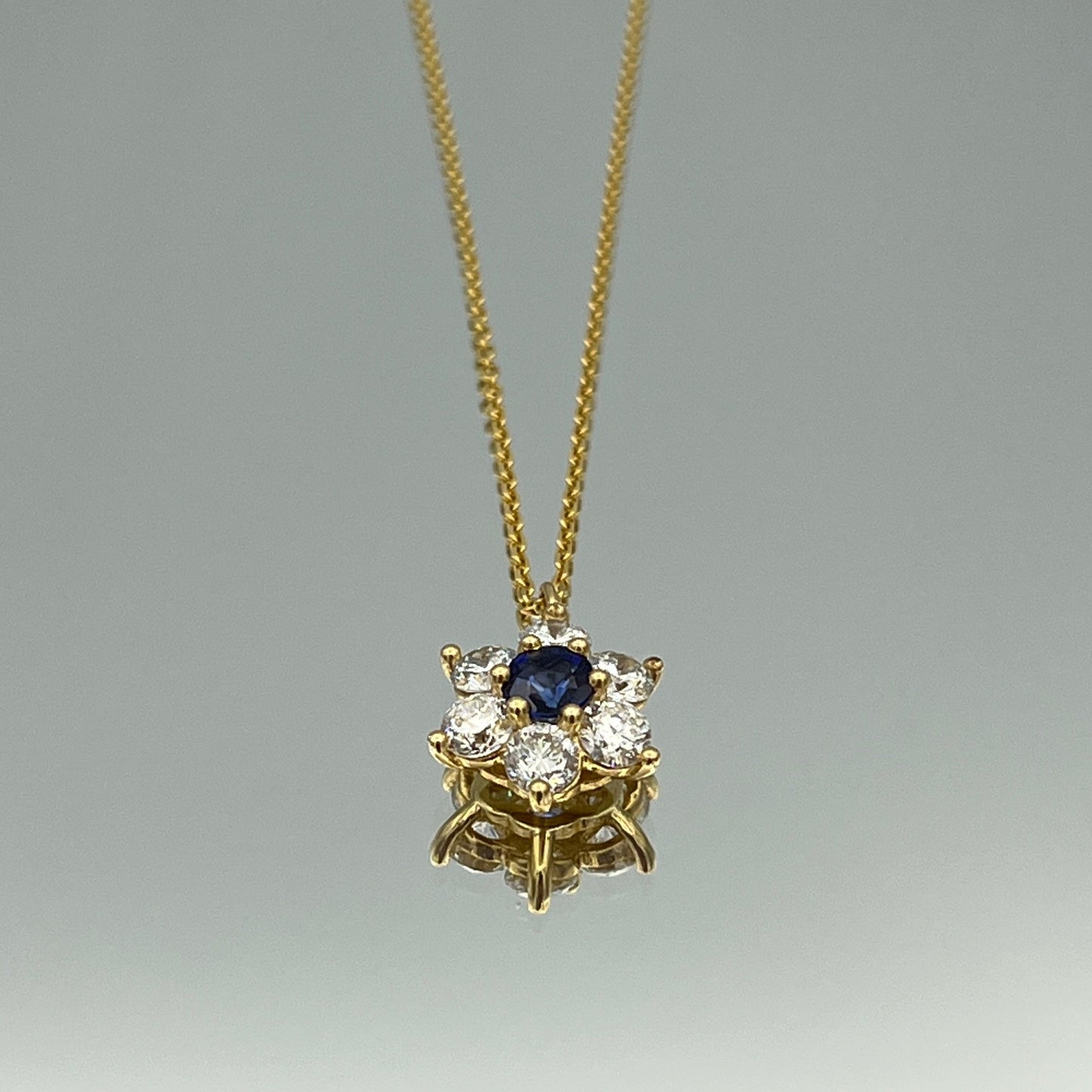 Floral Halo Design Blue Sapphire and Diamond Pendant in 14K Yellow Gold - L and L Jewelry