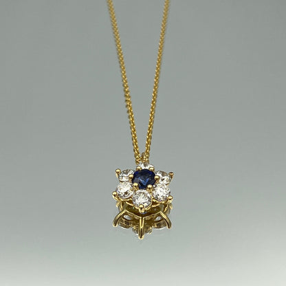 Floral Halo Design Blue Sapphire and Diamond Pendant in 14K Yellow Gold - L and L Jewelry