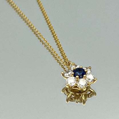 Floral Halo Design Blue Sapphire and Diamond Pendant in 14K Yellow Gold - L and L Jewelry