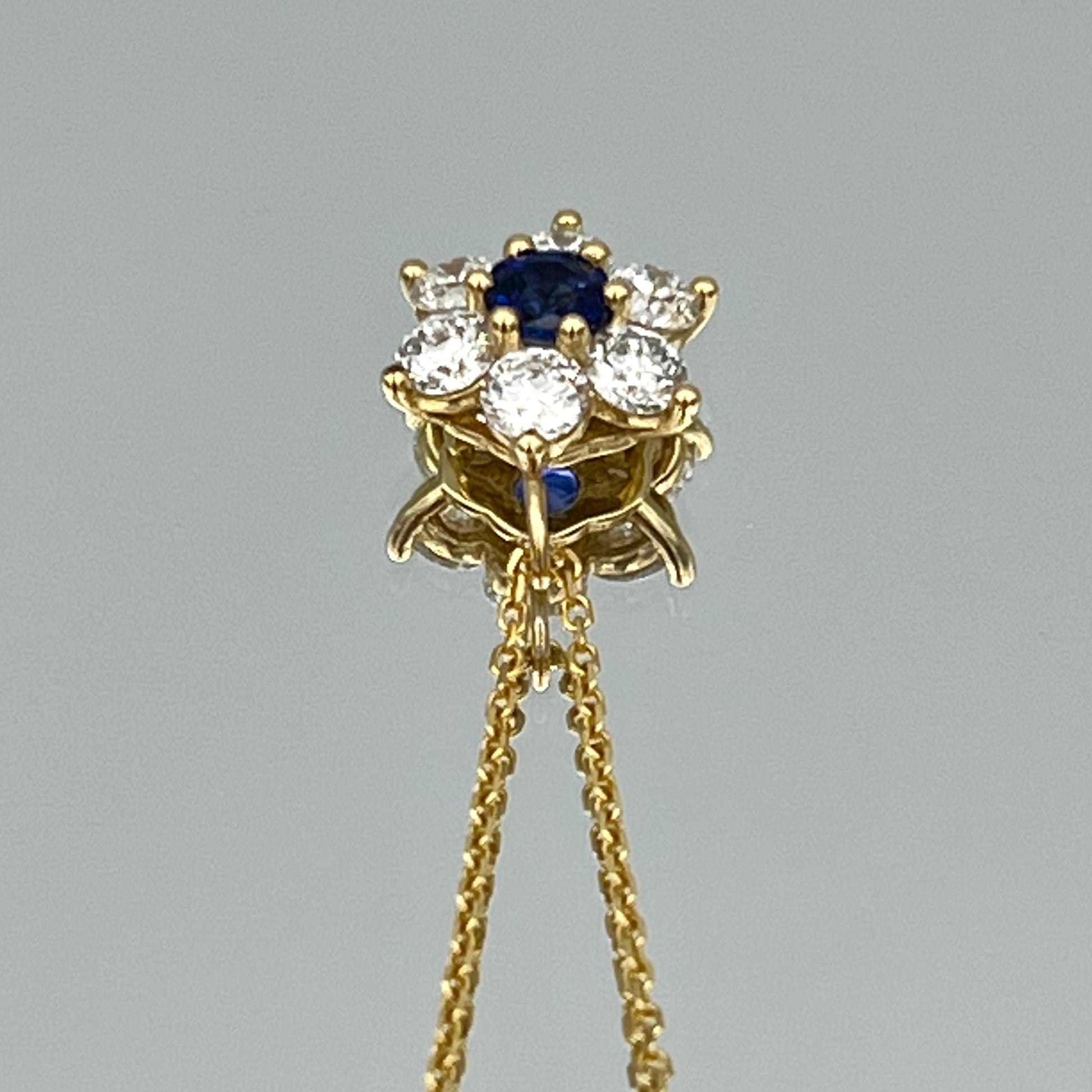 Floral Halo Design Blue Sapphire and Diamond Pendant in 14K Yellow Gold - L and L Jewelry