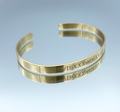 Roman Numeral Cuff Bracelet with a Diamond in 14K Yellow Gold - L and L Jewelry
