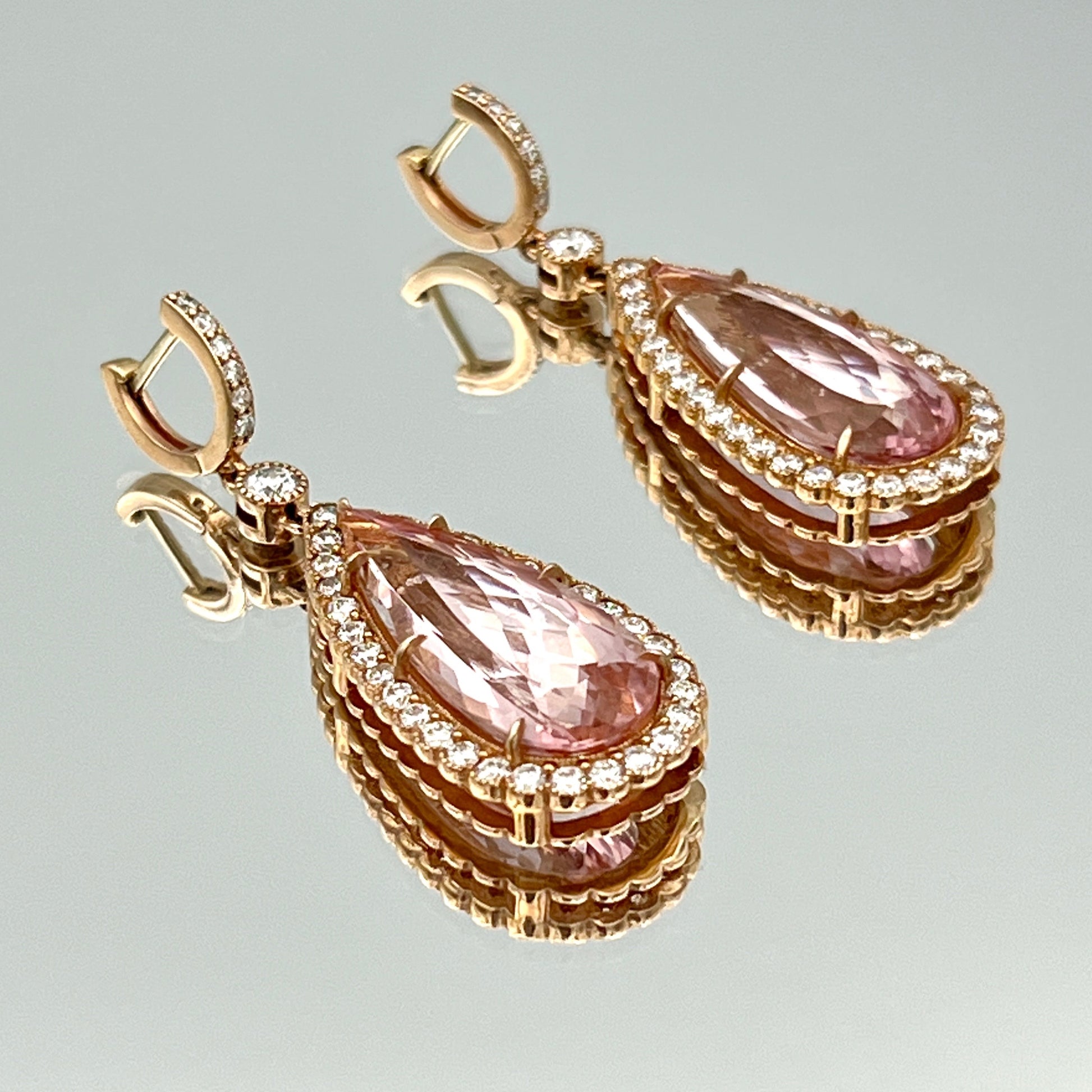 Pear-Shape Morganite Drop Earrings with Diamond Halo in 14K Rose Gold - L and L Jewelry
