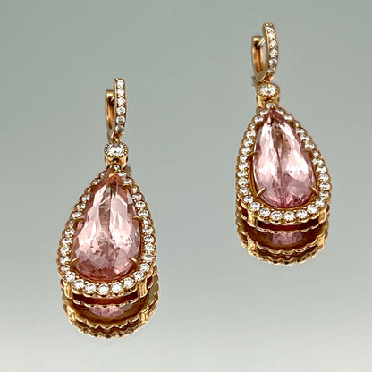 Pear-Shape Morganite Drop Earrings with Diamond Halo in 14K Rose Gold - L and L Jewelry