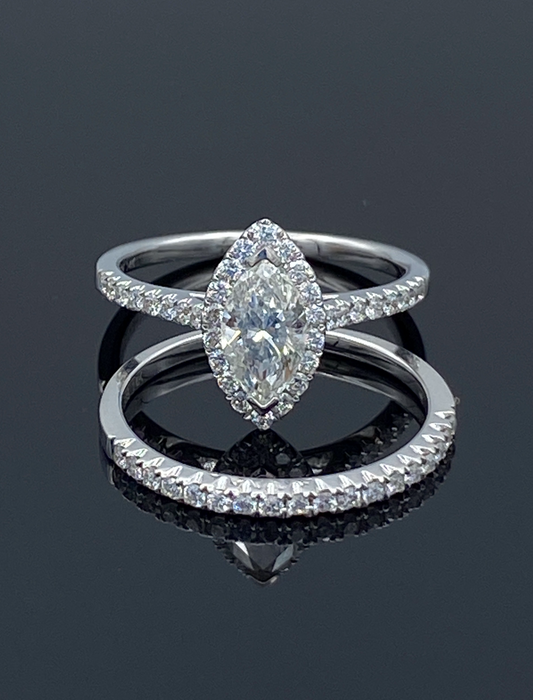 Marquise-Cut Halo Diamond Engagement Ring with Wedding Band in 14K White Gold - L and L Jewelry