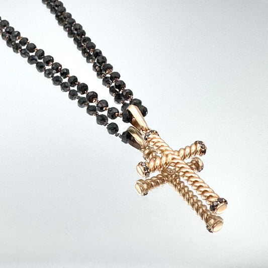 Black Diamond Bead Cross Pendant Necklace in 14K Rose Gold - L and L Jewelry