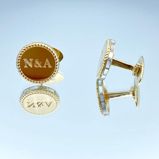 Men's Engravable Cufflinks with Mother of Pearl in 14K Yellow Gold - L and L Jewelry