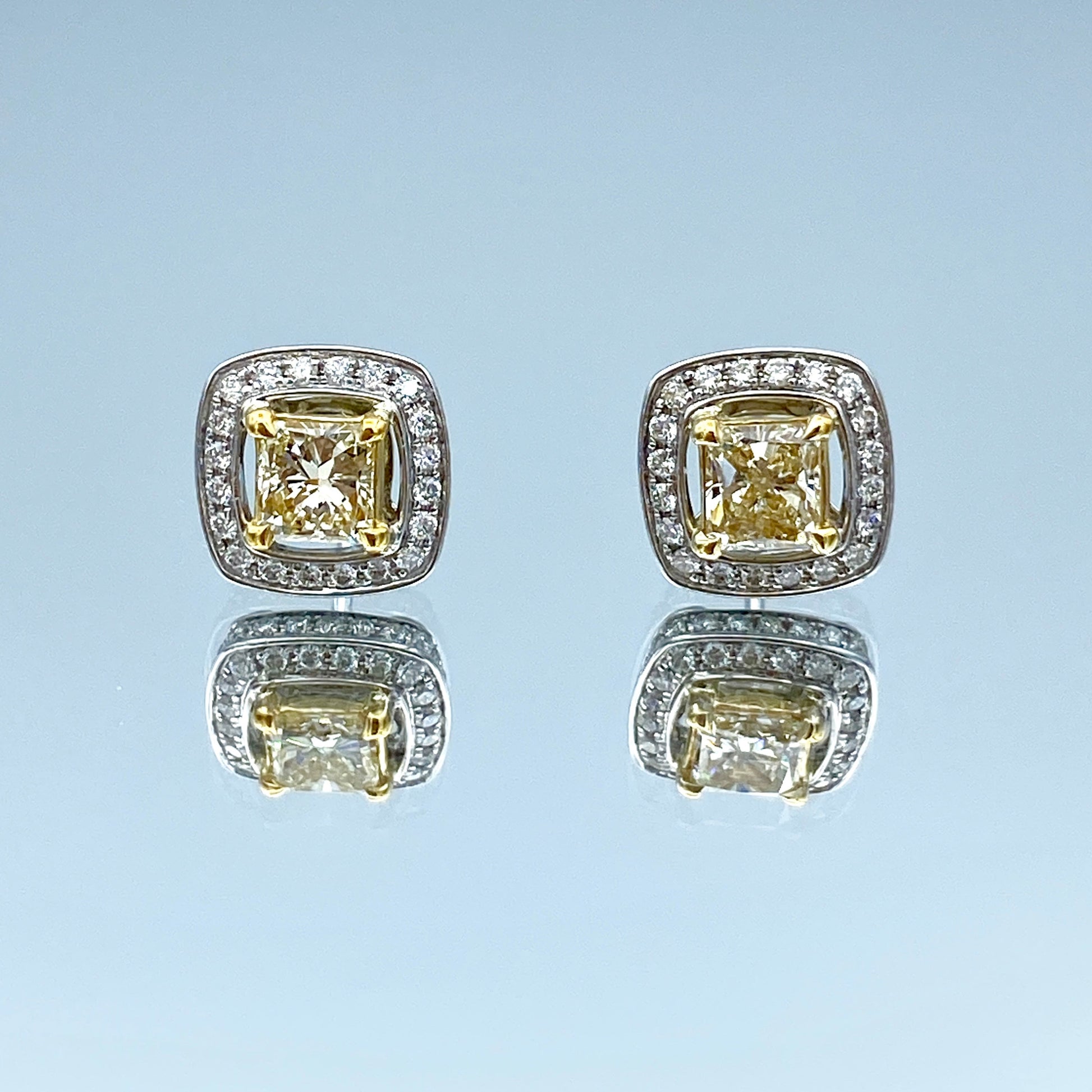 Princess-Cut Yellow Diamond and Round Brilliant-Cut White Diamond Halo Stud Earrings in 14K White Gold - L and L Jewelry