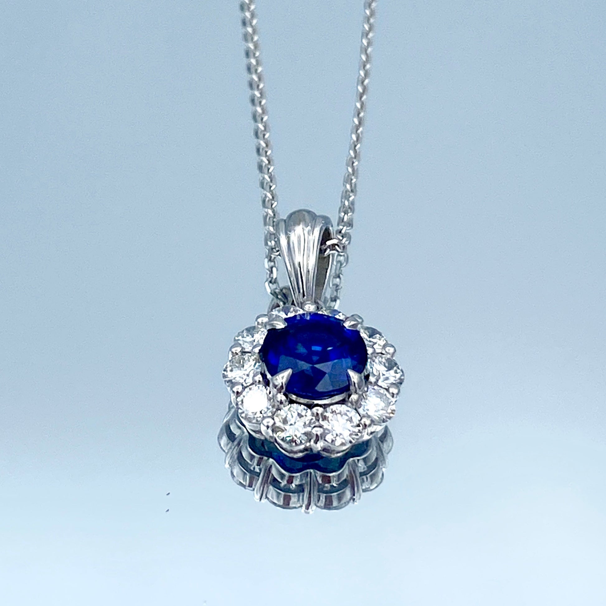 Floral Design Sapphire and Diamond Necklace in 14K White Gold - L and L Jewelry