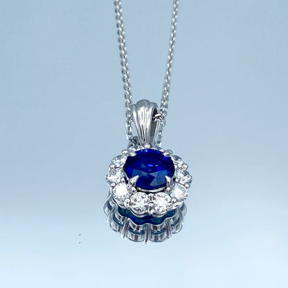 Floral Design Sapphire and Diamond Necklace in 14K White Gold - L and L Jewelry
